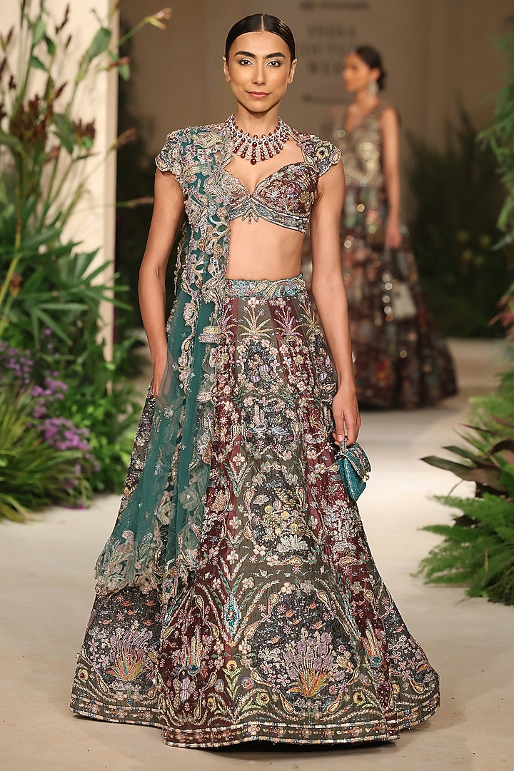Teakberry & Gunmetal Tulle Applique Embellished Bridal Lehenga Set by Aisha Rao at Pernia's Pop Up Shop