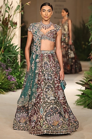 Teakberry & Gunmetal Tulle Applique Embellished Lehenga Set by Aisha Rao