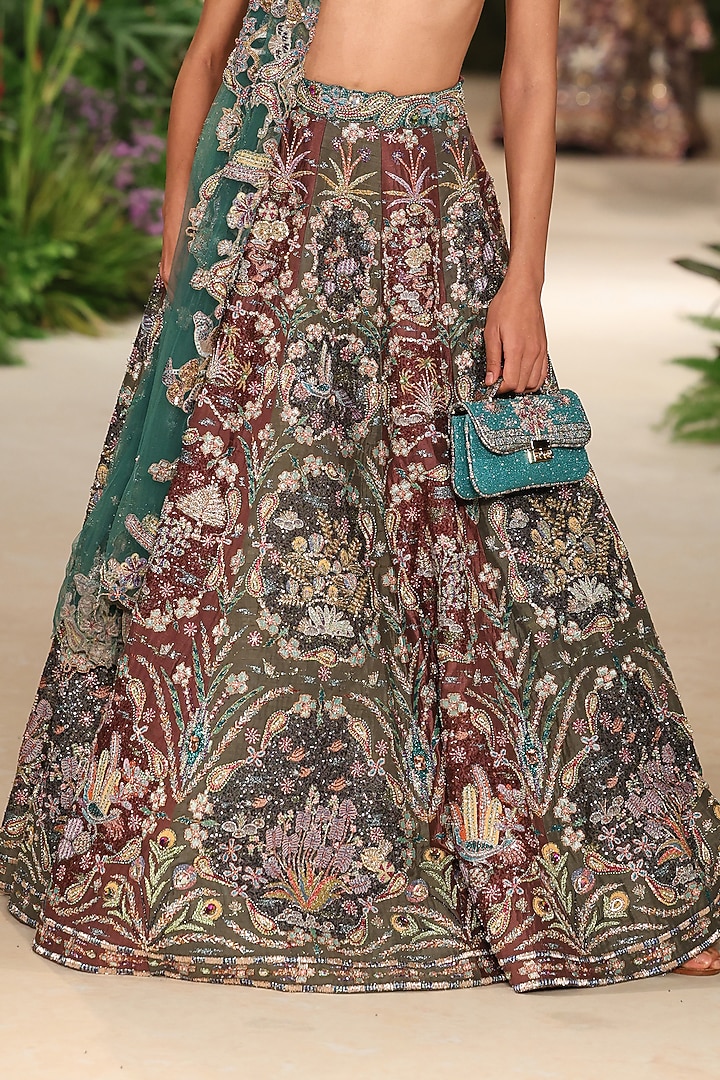 Teakberry & Gunmetal Tulle Applique Embellished Bridal Lehenga Set by Aisha Rao at Pernia's Pop Up Shop