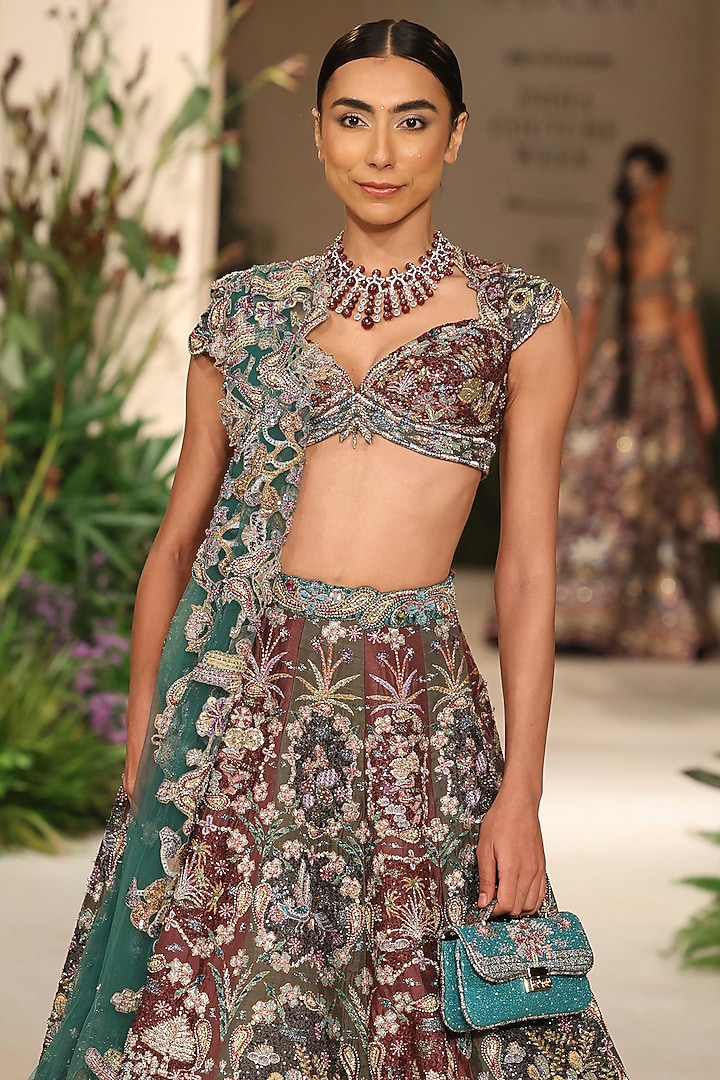 Teakberry & Gunmetal Tulle Applique Embellished Bridal Lehenga Set by Aisha Rao at Pernia's Pop Up Shop