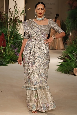 Silver Banarasi Tissue Brocade Applique Embellished Saree Set by Aisha Rao