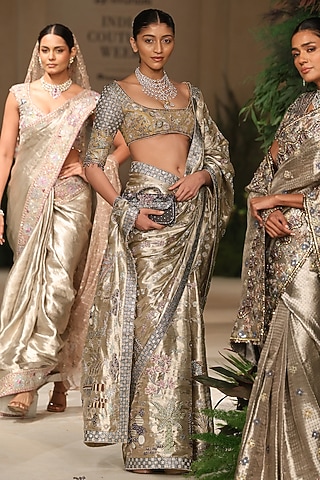 Light Gold Banarasi Tissue Brocade Embellished Saree Set by Aisha Rao