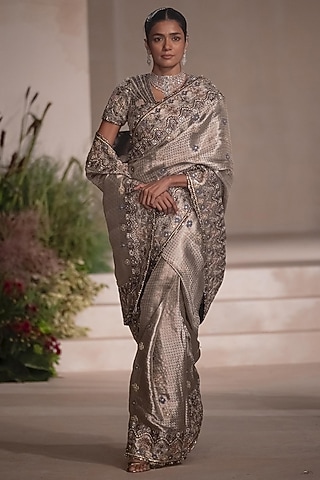 Silver Banarasi Tissue Brocade Applique Embellished Saree Set by Aisha Rao
