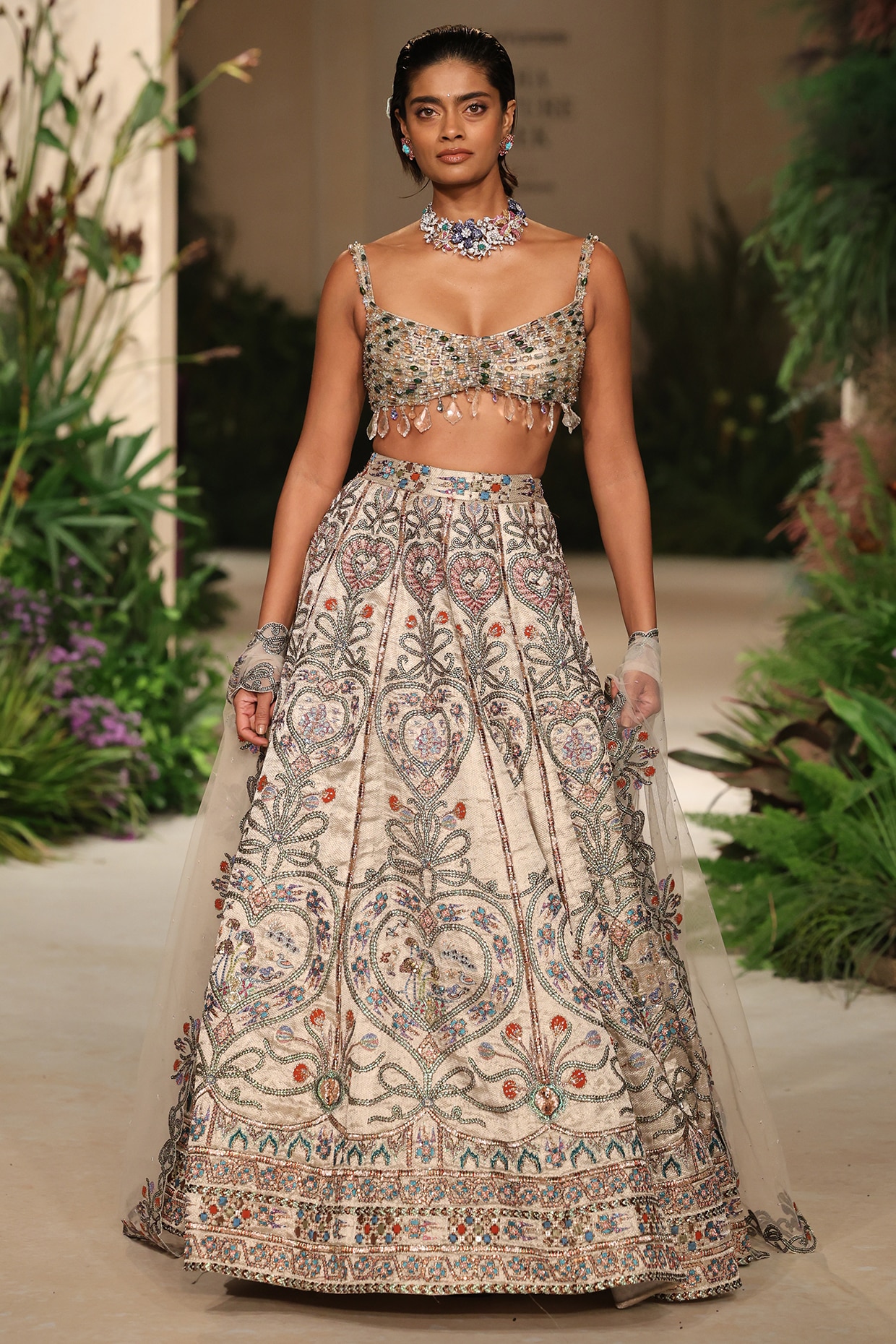 Aisha Rao Silver Banarasi Tissue Brocade Applique Embellished Lehenga Set