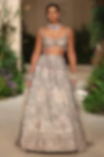 Silver Banarasi Tissue Brocade Applique Embellished Bridal Lehenga Set by Aisha Rao at Pernia's Pop Up Shop