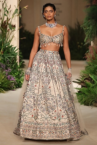 Silver Banarasi Tissue Brocade Applique Embellished Lehenga Set by Aisha Rao