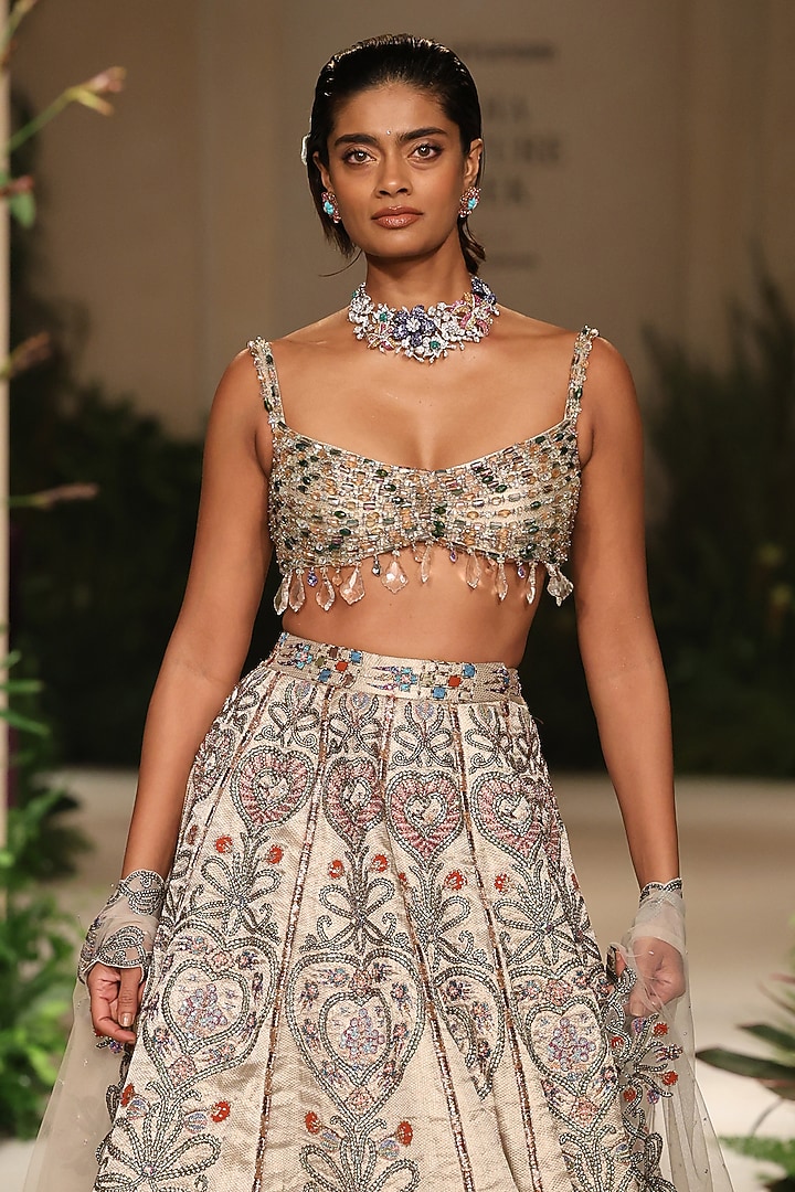 Silver Banarasi Tissue Brocade Applique Embellished Bridal Lehenga Set by Aisha Rao at Pernia's Pop Up Shop