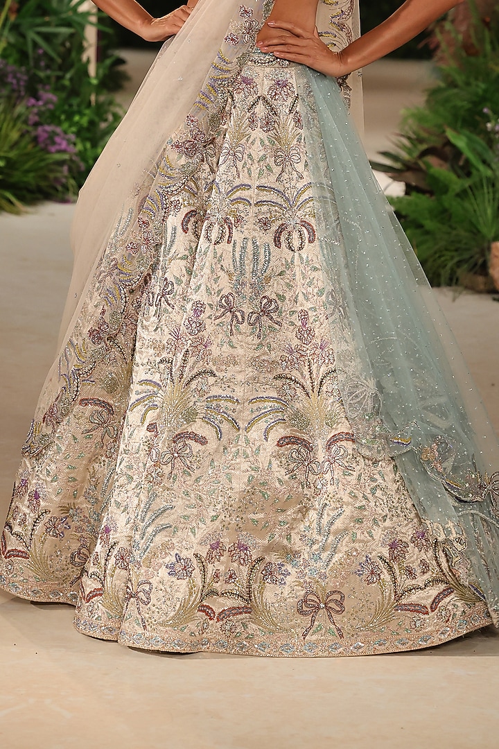 Silver Banarasi Tissue Brocade Applique Embellished Bridal Lehenga Set by Aisha Rao at Pernia's Pop Up Shop
