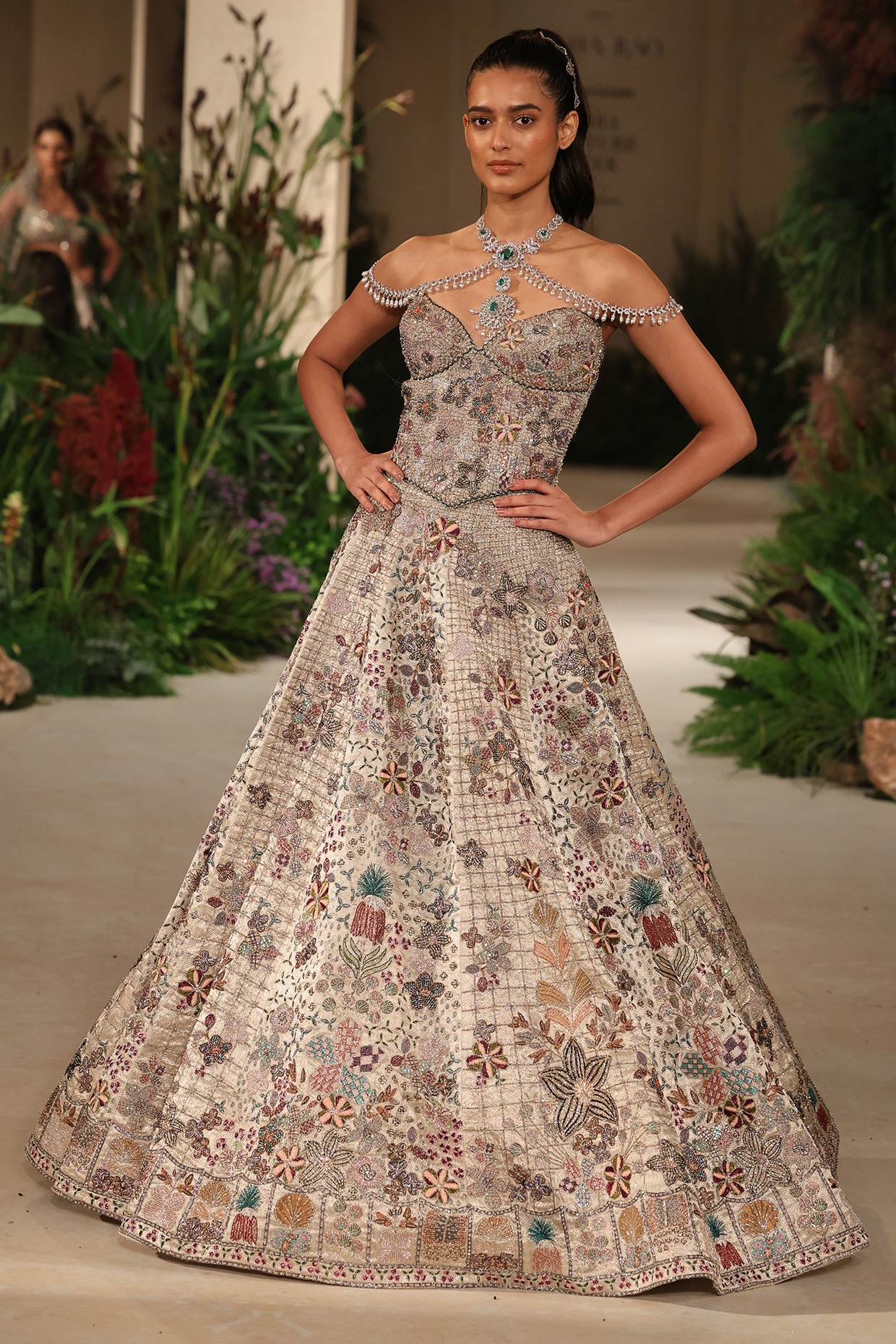Aisha Rao Silver Banarasi Tissue Brocade Applique Embellished Lehenga Set
