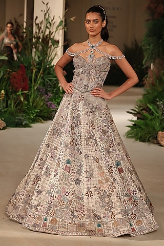 Silver Banarasi Tissue Brocade Applique Embellished Lehenga Set by Aisha Rao