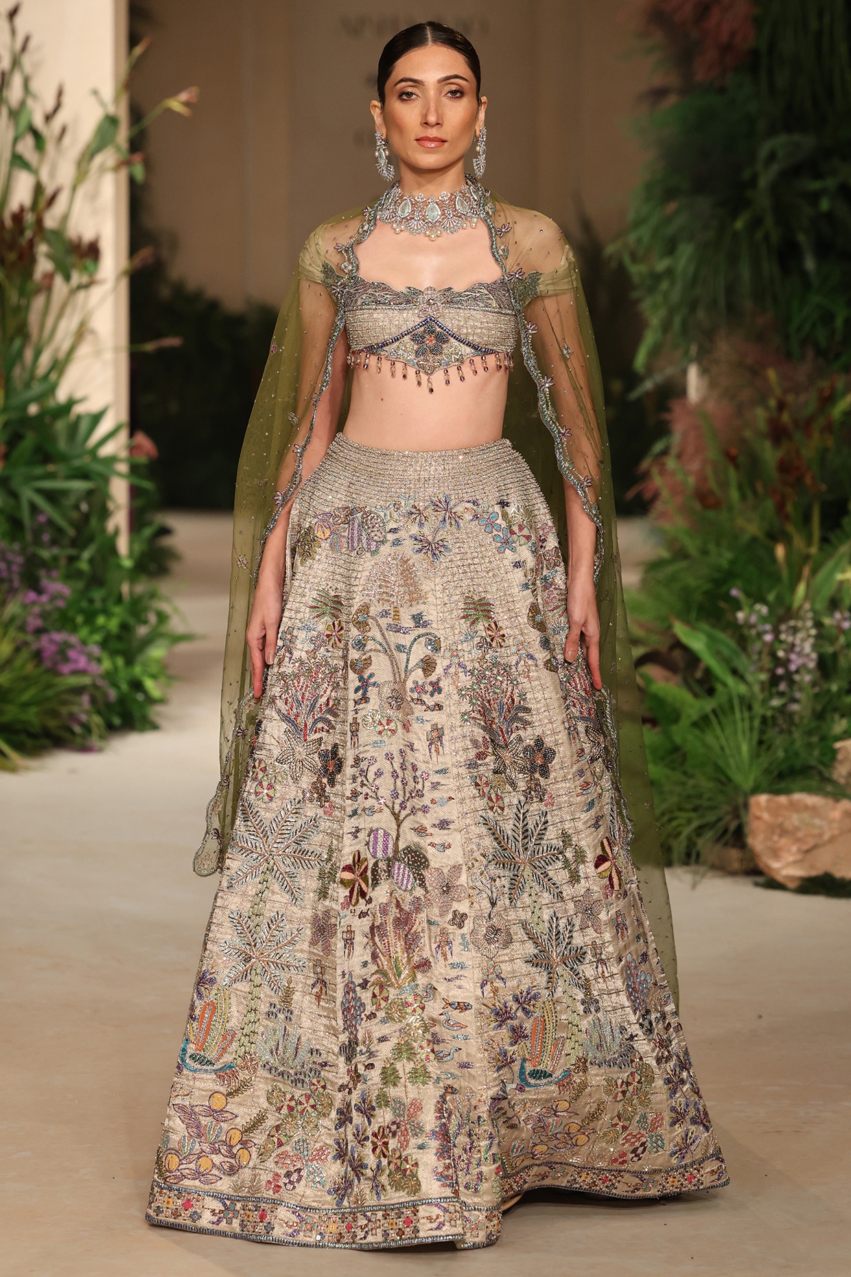 Aisha Rao Silver Banarasi Tissue Brocade Applique Embellished Lehenga Set