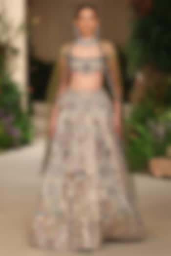 Silver Banarasi Tissue Brocade Applique Embellished Bridal Lehenga Set by Aisha Rao at Pernia's Pop Up Shop