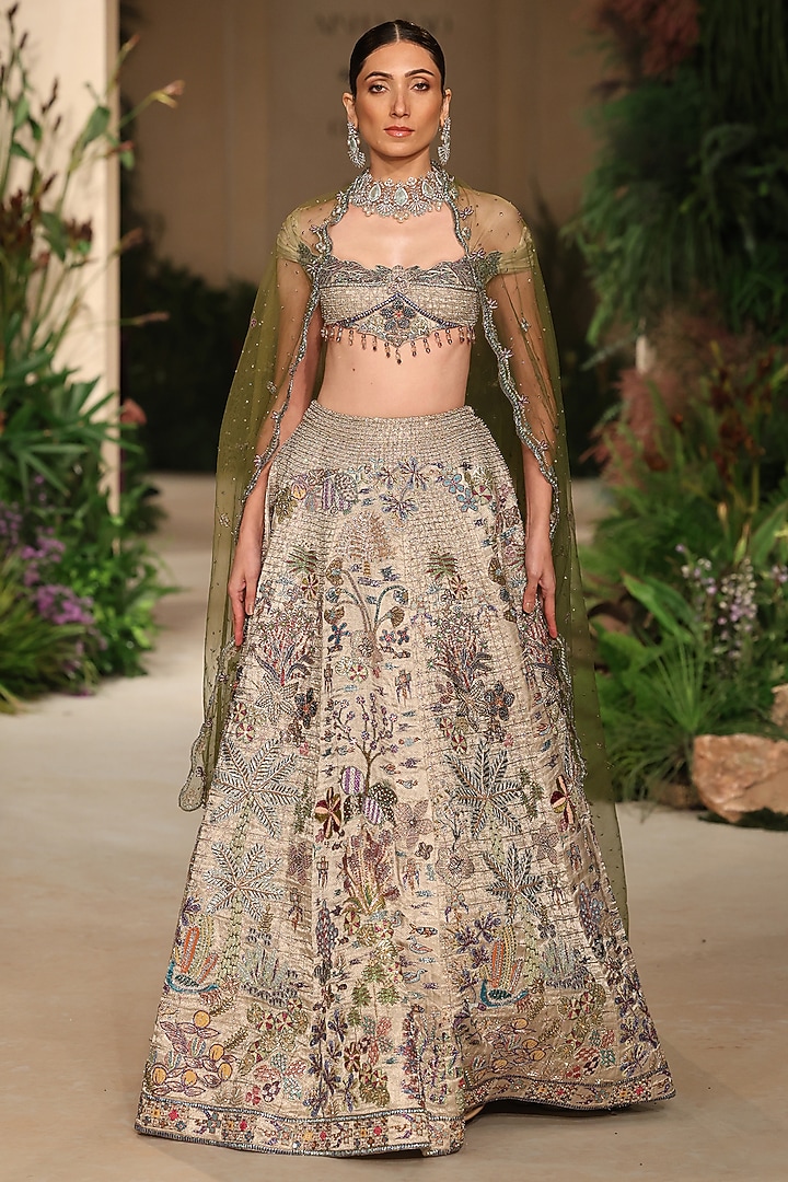 Silver Banarasi Tissue Brocade Applique Embellished Bridal Lehenga Set by Aisha Rao at Pernia's Pop Up Shop