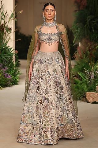 Silver Banarasi Tissue Brocade Applique Embellished Lehenga Set by Aisha Rao