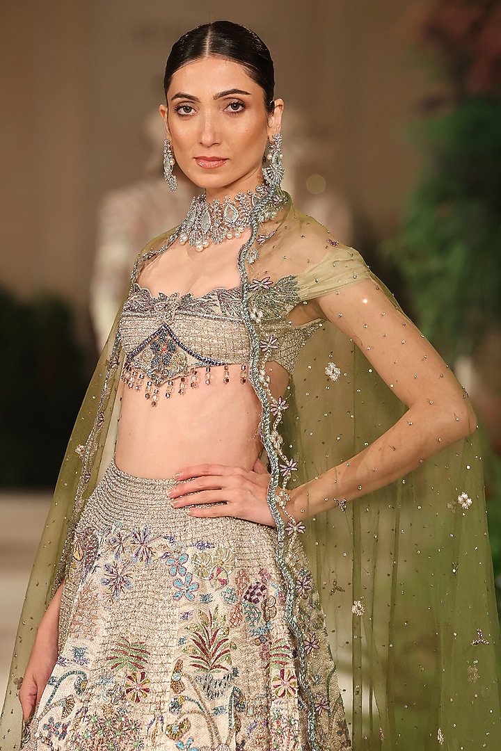 Silver Banarasi Tissue Brocade Applique Embellished Bridal Lehenga Set by Aisha Rao at Pernia's Pop Up Shop