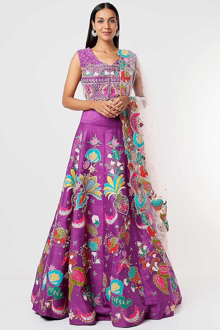 Aged Purple Embellished Lehenga Set by Aisha Rao