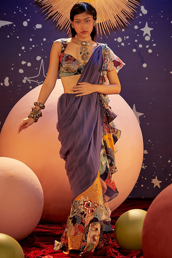 Violet Embellished Ruffled Saree Set by Aisha Rao