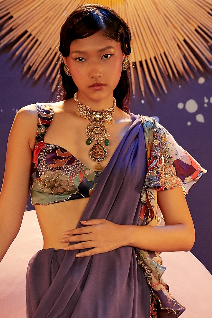 Violet Embellished Ruffled Reception Saree Set by Aisha Rao at Pernia's Pop Up Shop