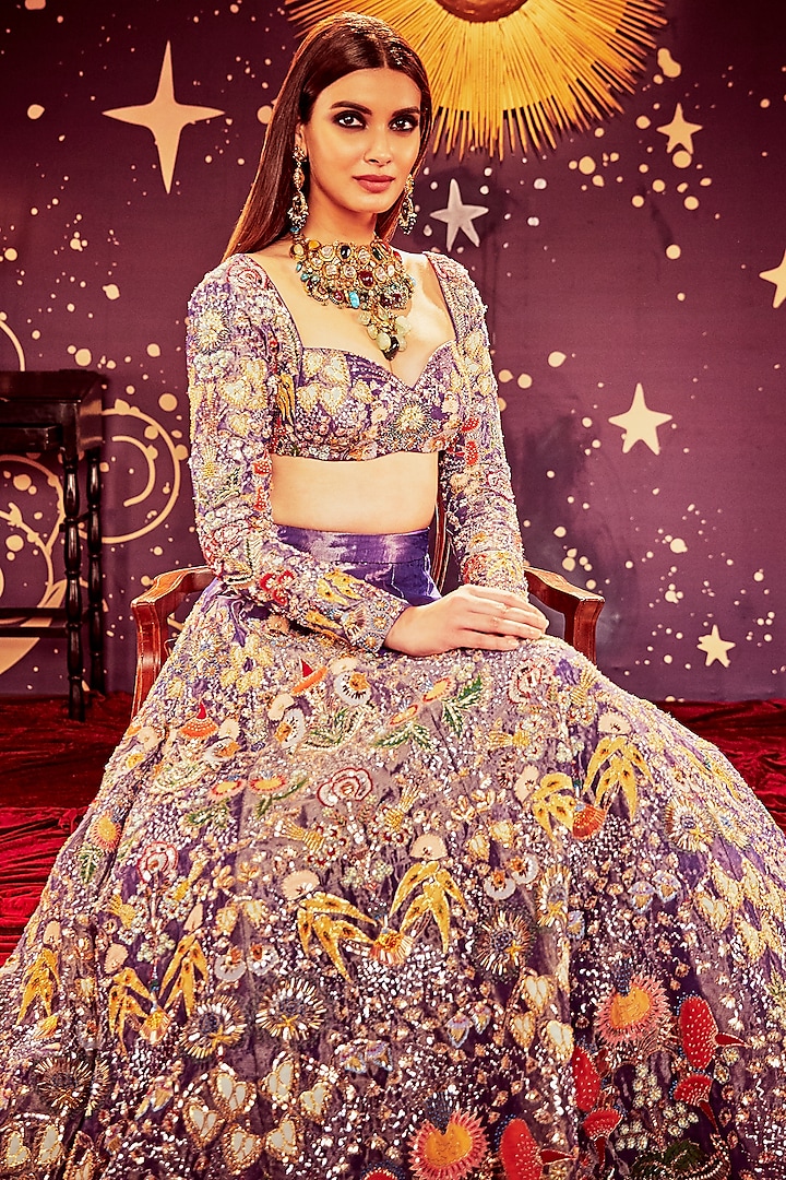 Dull Violet Mukaish Embellished Lehenga Set by Aisha Rao