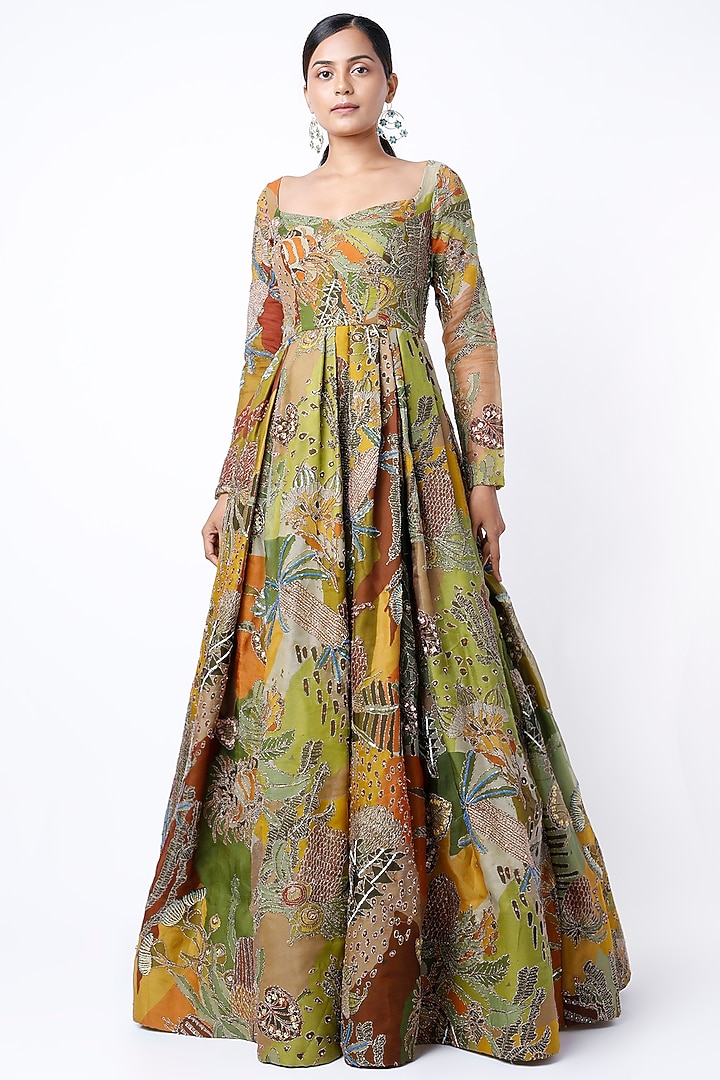 Olive Green Embellished Bridal Gown by Aisha Rao at Pernia's Pop Up Shop