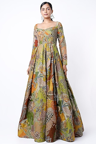 Olive Green Embellished Gown by Aisha Rao