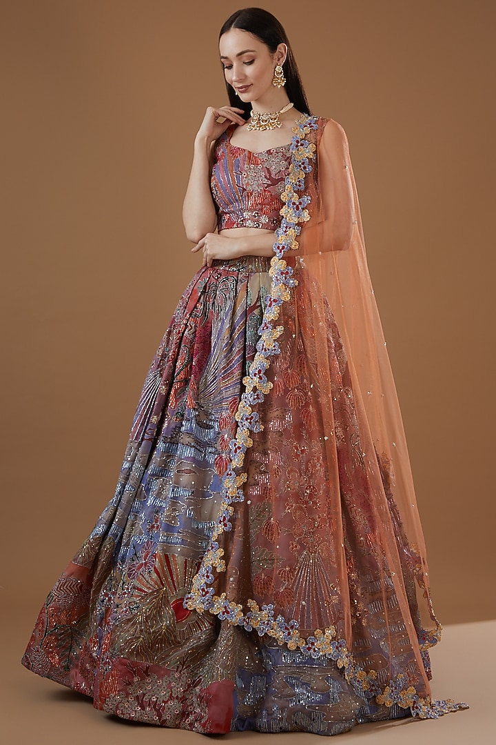 Multi-Colored Indian Organza Printed & Embellished Bridal Lehenga Set by Aisha Rao at Pernia's Pop Up Shop