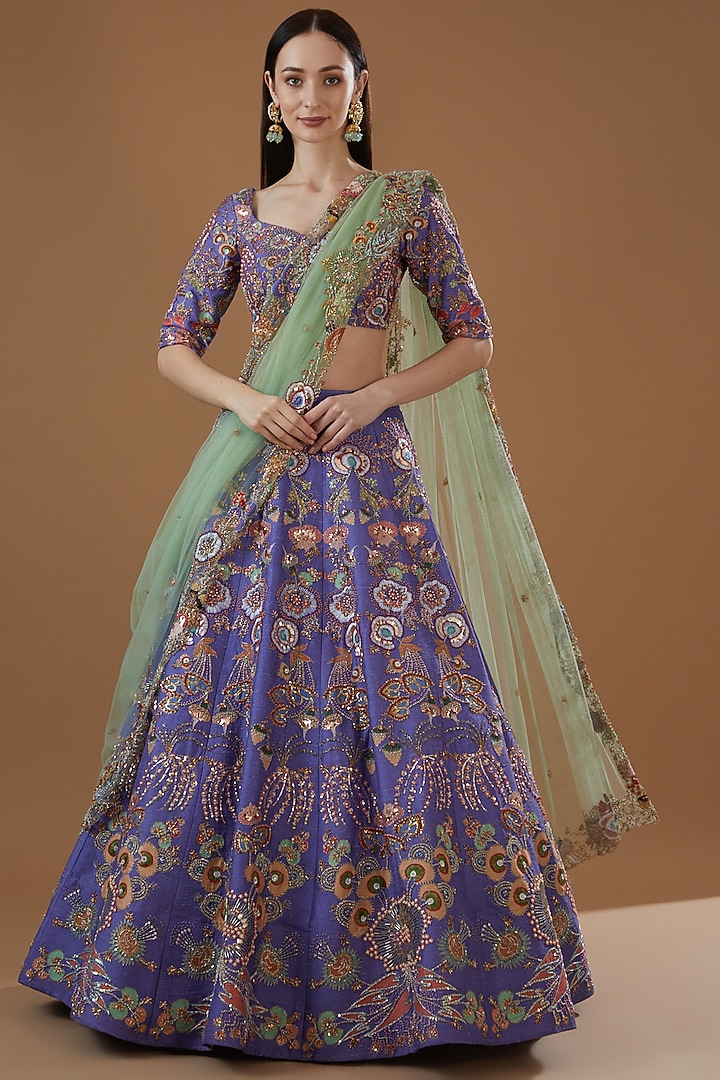 Violet Raw Silk Appliqued Bridal Lehenga Set by Aisha Rao at Pernia's Pop Up Shop