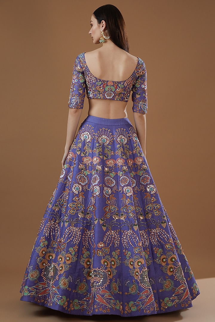 Violet Raw Silk Appliqued Bridal Lehenga Set by Aisha Rao at Pernia's Pop Up Shop