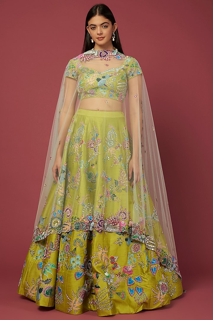 Lime Embellished Lehenga Set by Aisha Rao