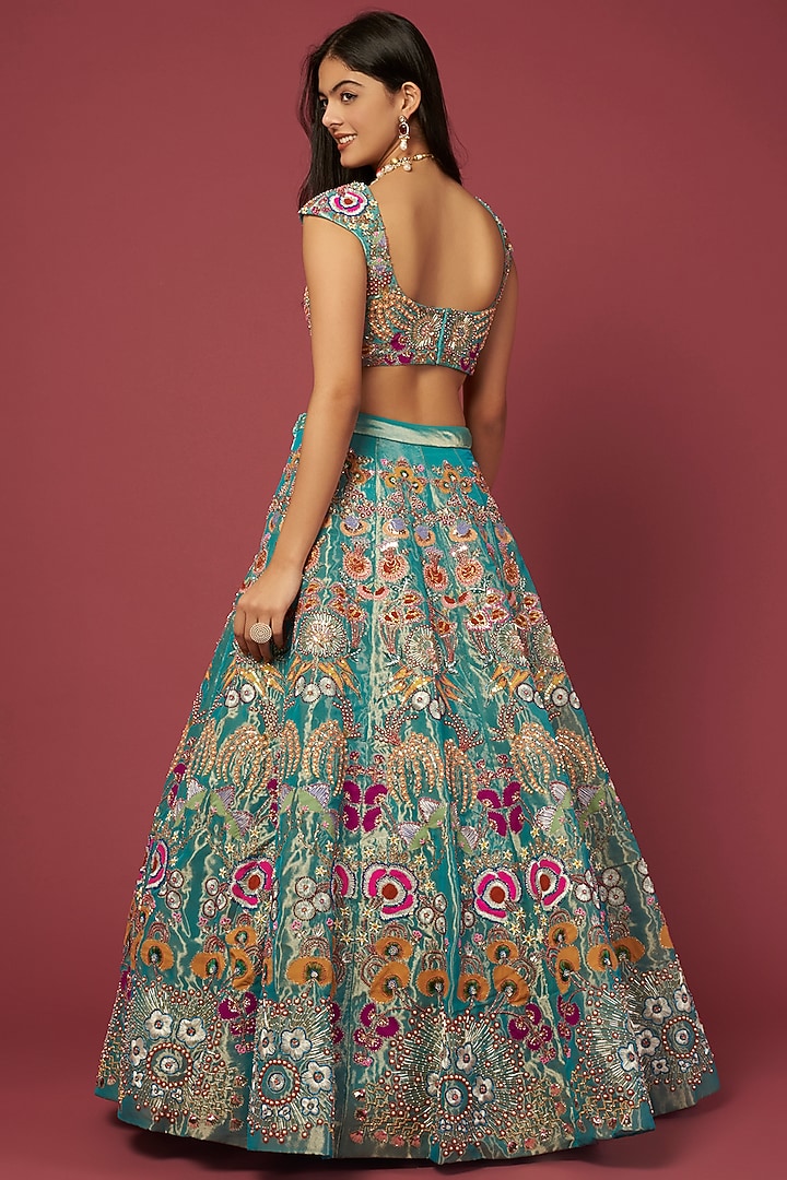 Turquoise Embellished Bridal Lehenga Set by Aisha Rao at Pernia's Pop Up Shop