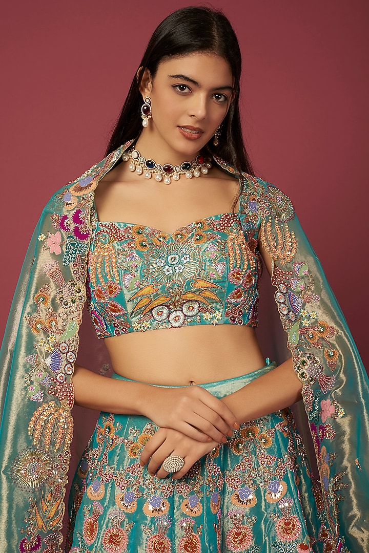 Turquoise Embellished Bridal Lehenga Set by Aisha Rao at Pernia's Pop Up Shop