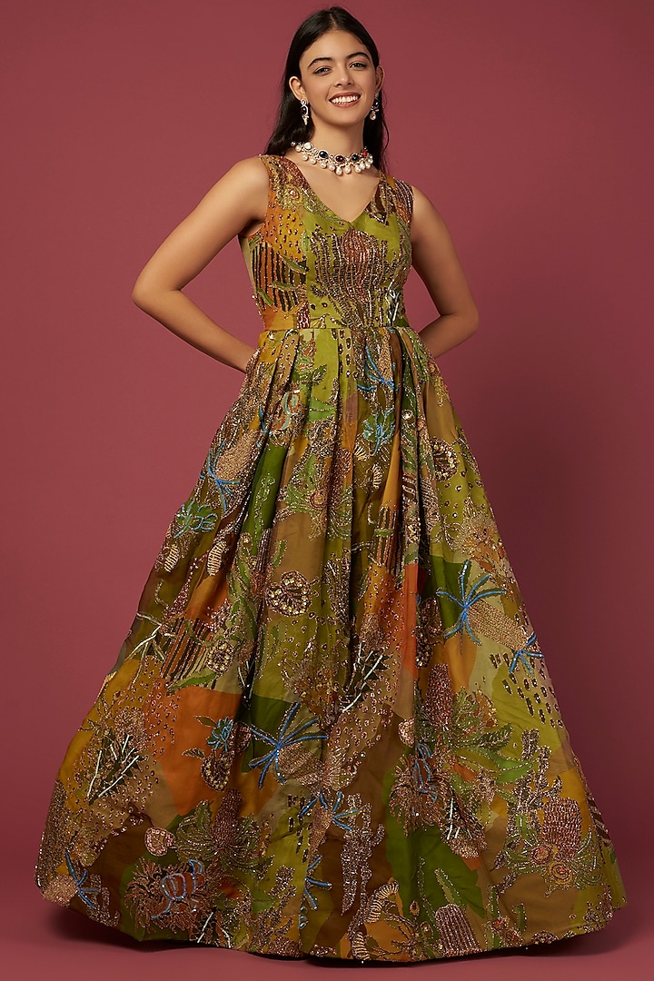 Olive Green Embellished Wedding Gown by Aisha Rao at Pernia's Pop Up Shop