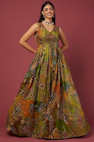 Olive Green Embellished Gown by Aisha Rao
