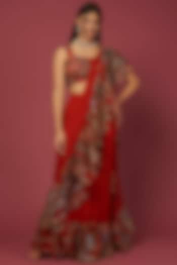 Red Embellished Saree Set by Aisha Rao