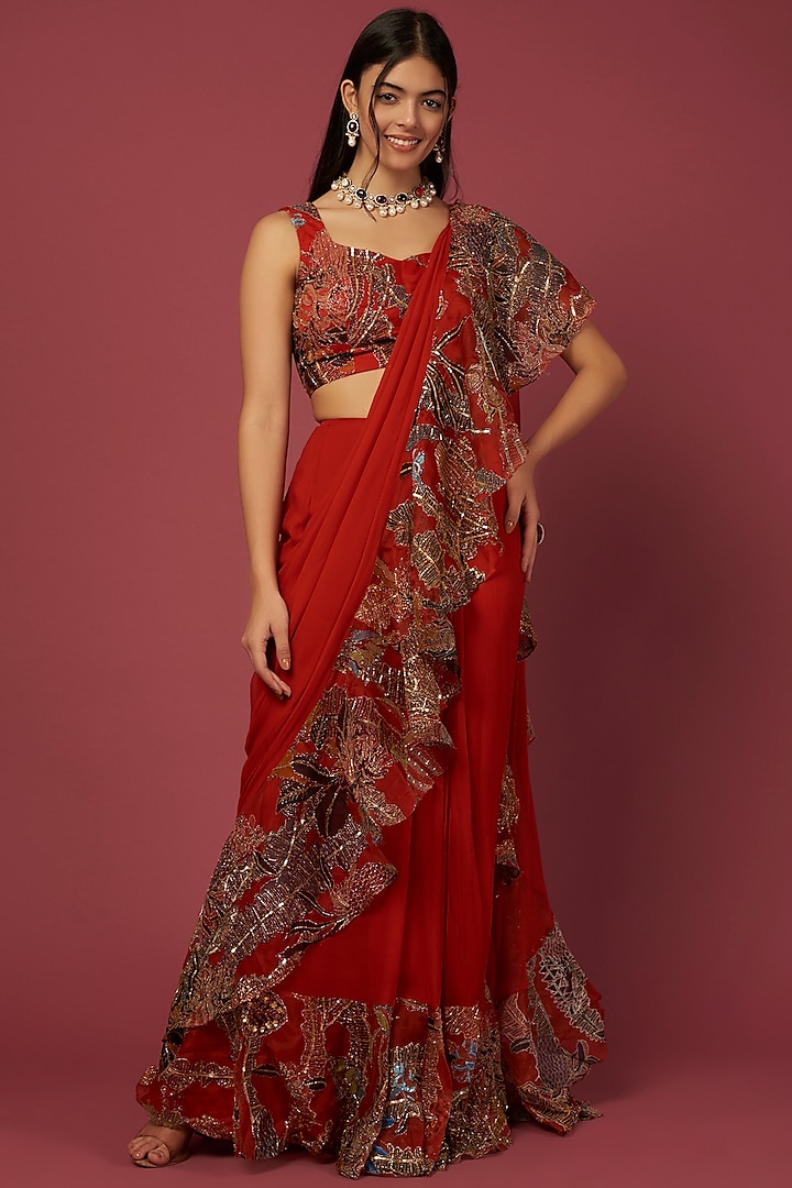 Red Embellished Saree Set by Aisha Rao