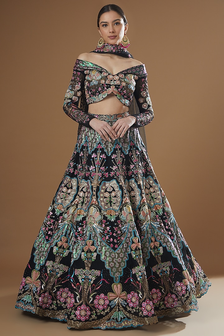 Black Tulle Embellished Bridal Lehenga Set by Aisha Rao at Pernia's Pop Up Shop