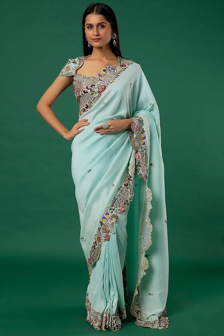 Light Blue Embroidered Bridal Saree Set by Aisha Rao at Pernia's Pop Up Shop