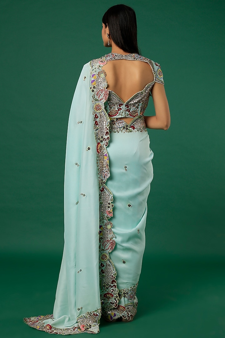 Light Blue Embroidered Bridal Saree Set by Aisha Rao at Pernia's Pop Up Shop
