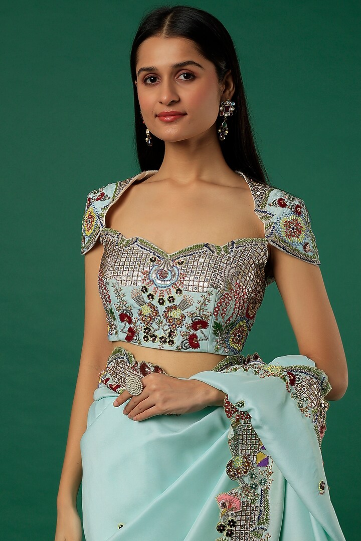 Light Blue Embroidered Bridal Saree Set by Aisha Rao at Pernia's Pop Up Shop