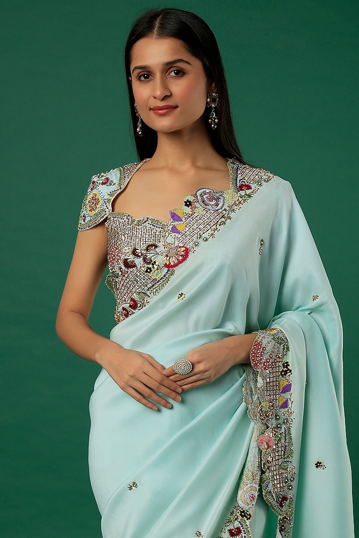 Light Blue Embroidered Bridal Saree Set by Aisha Rao at Pernia's Pop Up Shop