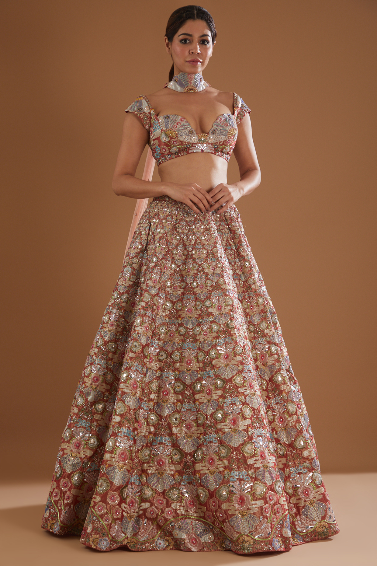 Red Trencadis Embellished Bridal Lehenga Set by Aisha Rao at Pernia's Pop Up Shop