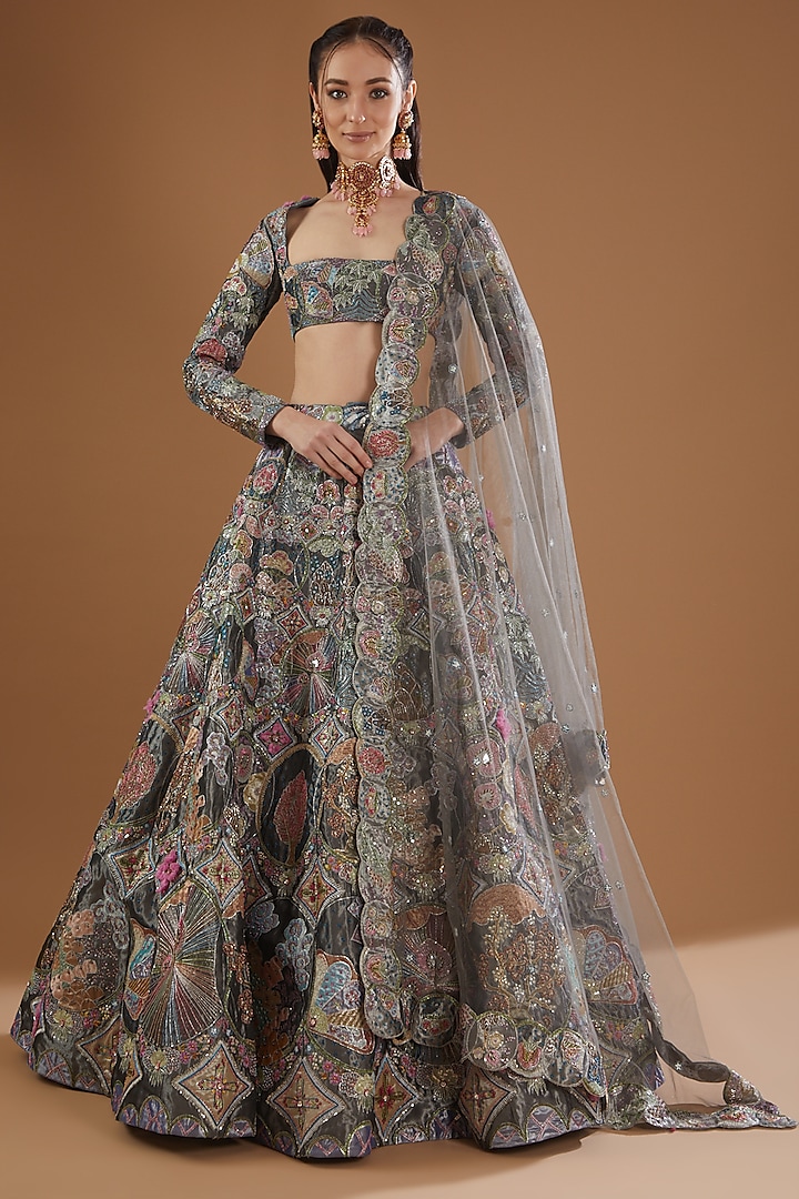 Grey Trencadis Embellished Bridal Lehenga Set by Aisha Rao at Pernia's Pop Up Shop