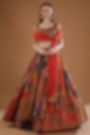 Red Printed & Embellished Bridal Lehenga Set by Aisha Rao at Pernia's Pop Up Shop