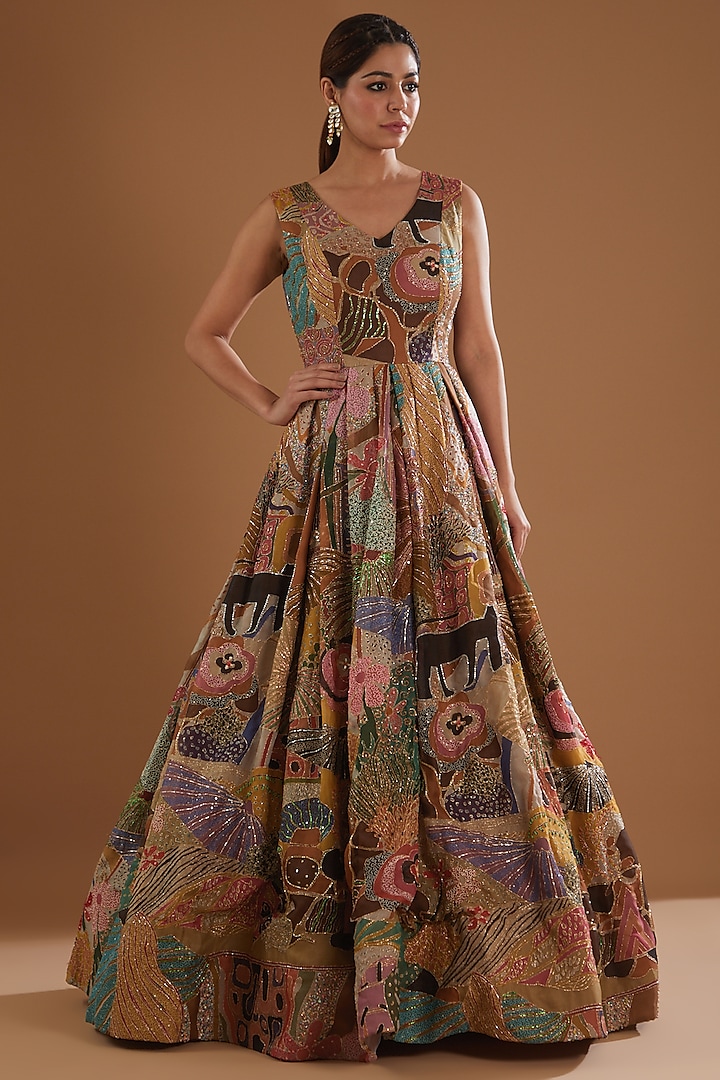 Yellow Printed & Embellished Gown by Aisha Rao