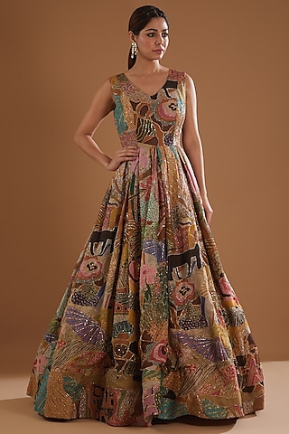 Yellow Printed & Embellished Gown by Aisha Rao