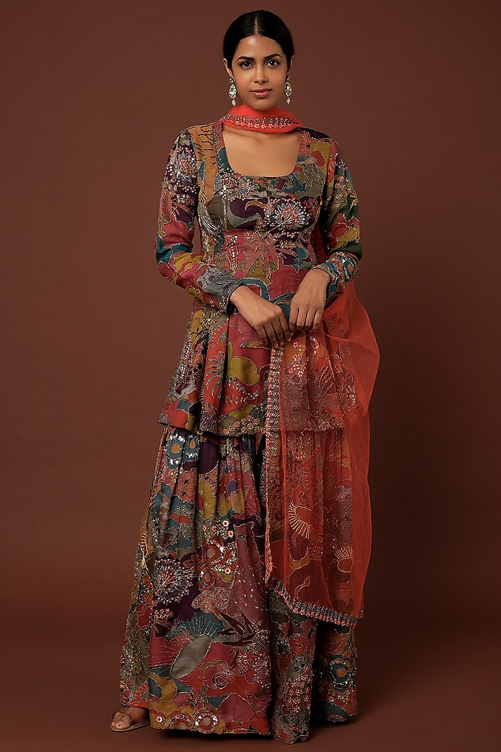 Multi-Colored Printed Bridal Sharara Set by Aisha Rao at Pernia's Pop Up Shop