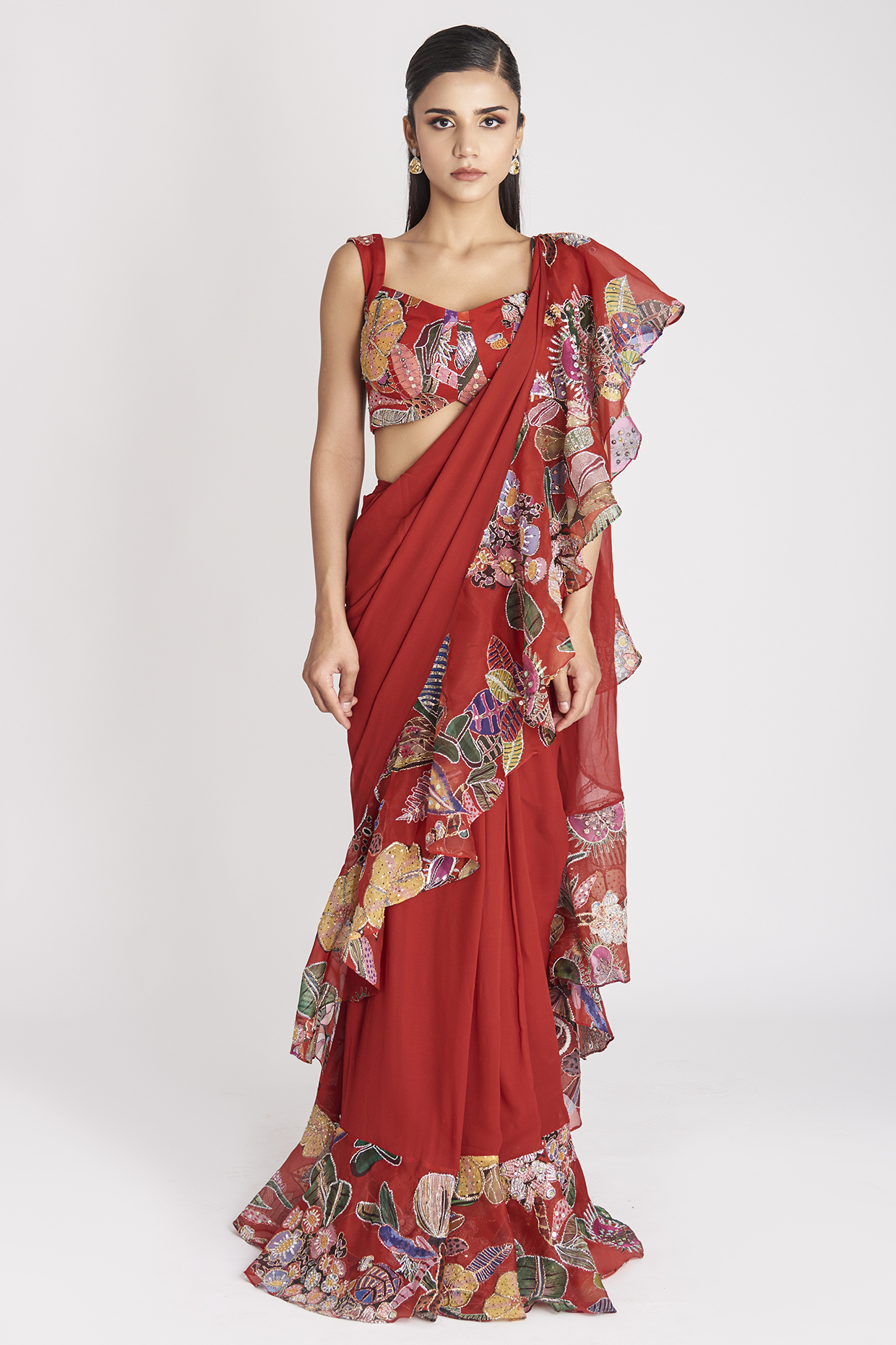 Fiery Red Georgette & Organza Embellished & Printed Ruffled Stitched Reception Saree Set by Aisha Rao at Pernia's Pop Up Shop