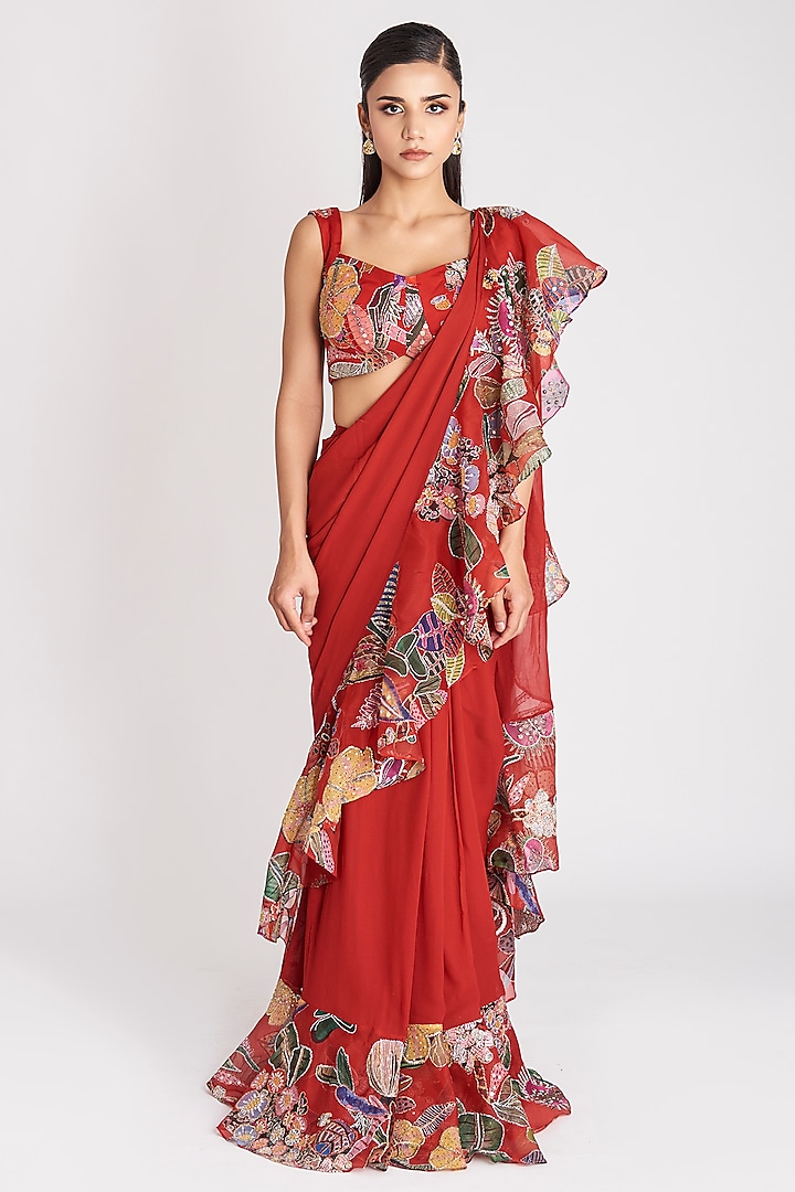 Fiery Red Georgette & Organza Embellished & Printed Ruffled Stitched Reception Saree Set by Aisha Rao at Pernia's Pop Up Shop