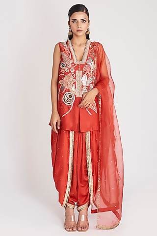 Rust Red Chanderi Silk Embellished Dhoti Set by Aisha Rao