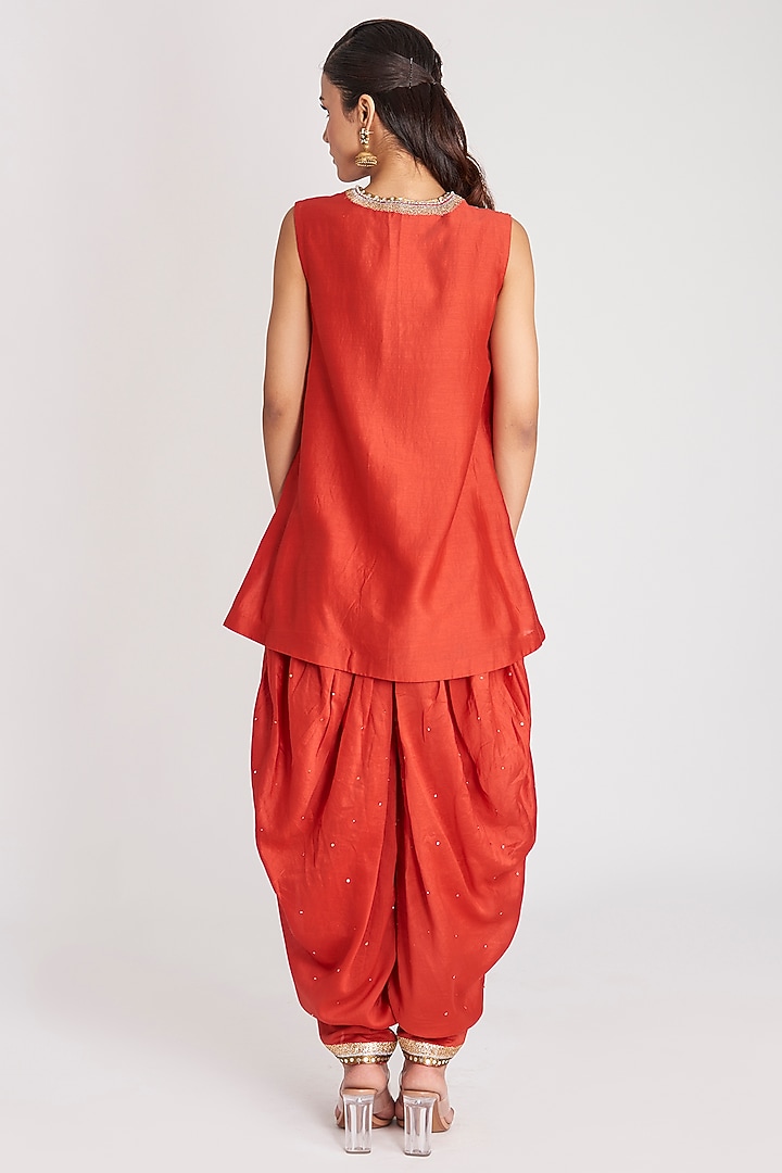 Rust Red Chanderi Silk Embellished Dhoti Set by Aisha Rao at Pernia's Pop Up Shop